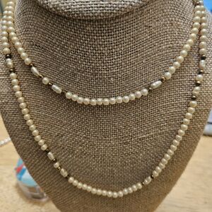 Elegant Faux Pearl and Gold Beaded Necklace single or double strand 33 inches j2